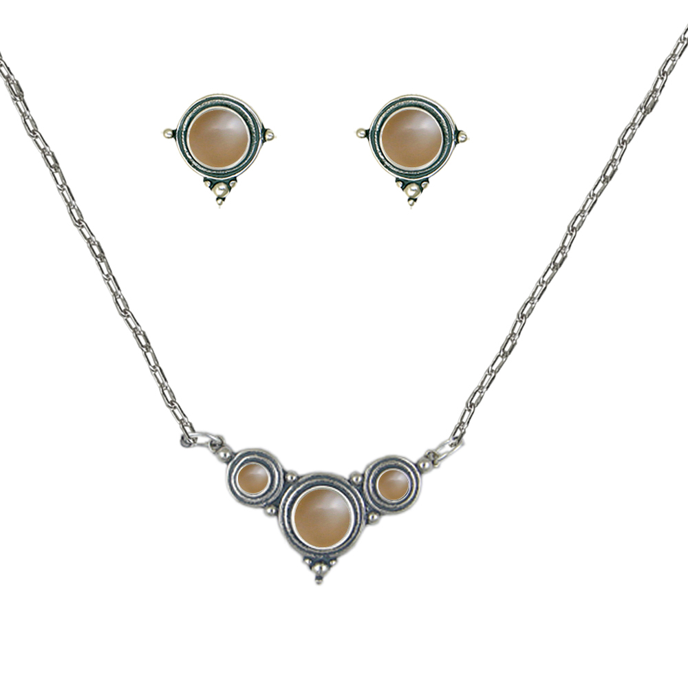 Sterling Silver Designer Necklace Earrings Set in Peach Moonstone